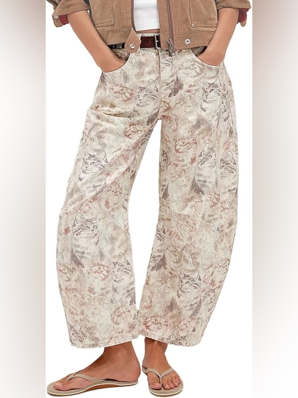Women's Barrel jeans cat Printed Jeans in Beige